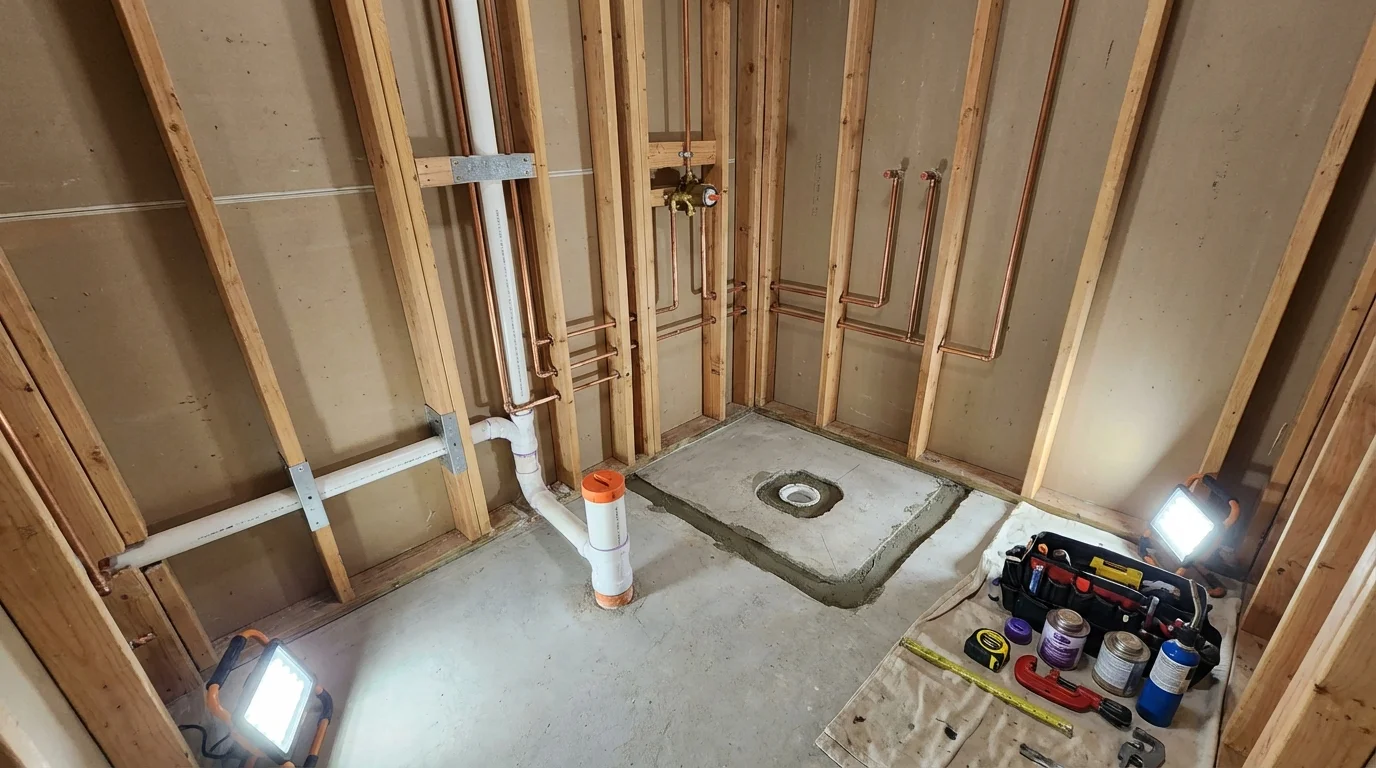 Bathroom rough-in plumbing during remodel by Johns Plumbing LLC in Dos Palos