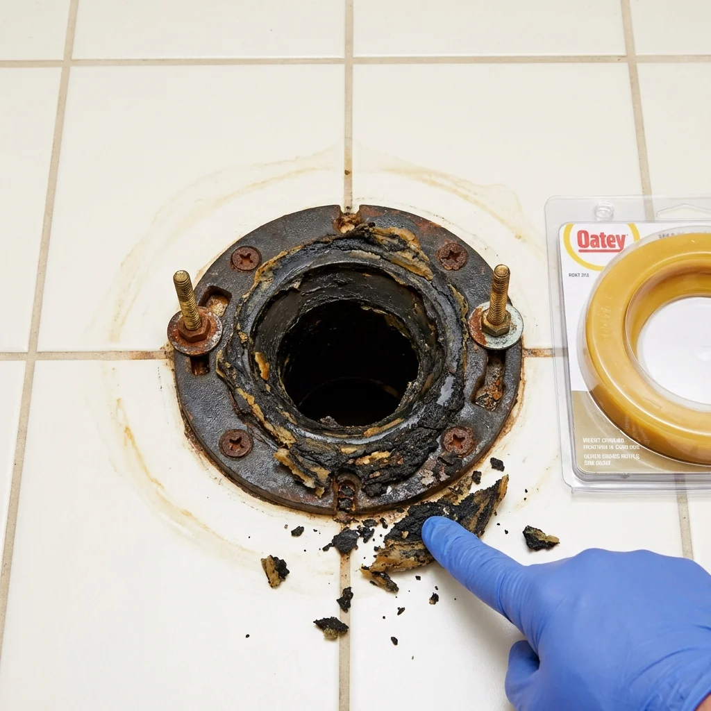 Failed wax ring showing water seepage at the base of a toilet in a Dos Palos, CA home